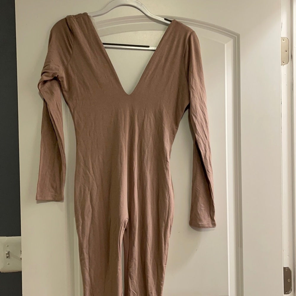 Naked Wardrobe nude beige Long sleeve V-neck front back jumpsuit medium